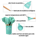 Kit Jogo de Cozinha Silicone, Utensílios e Copo Suporte para Cozinheiro Cabo de Madeira MasterChef